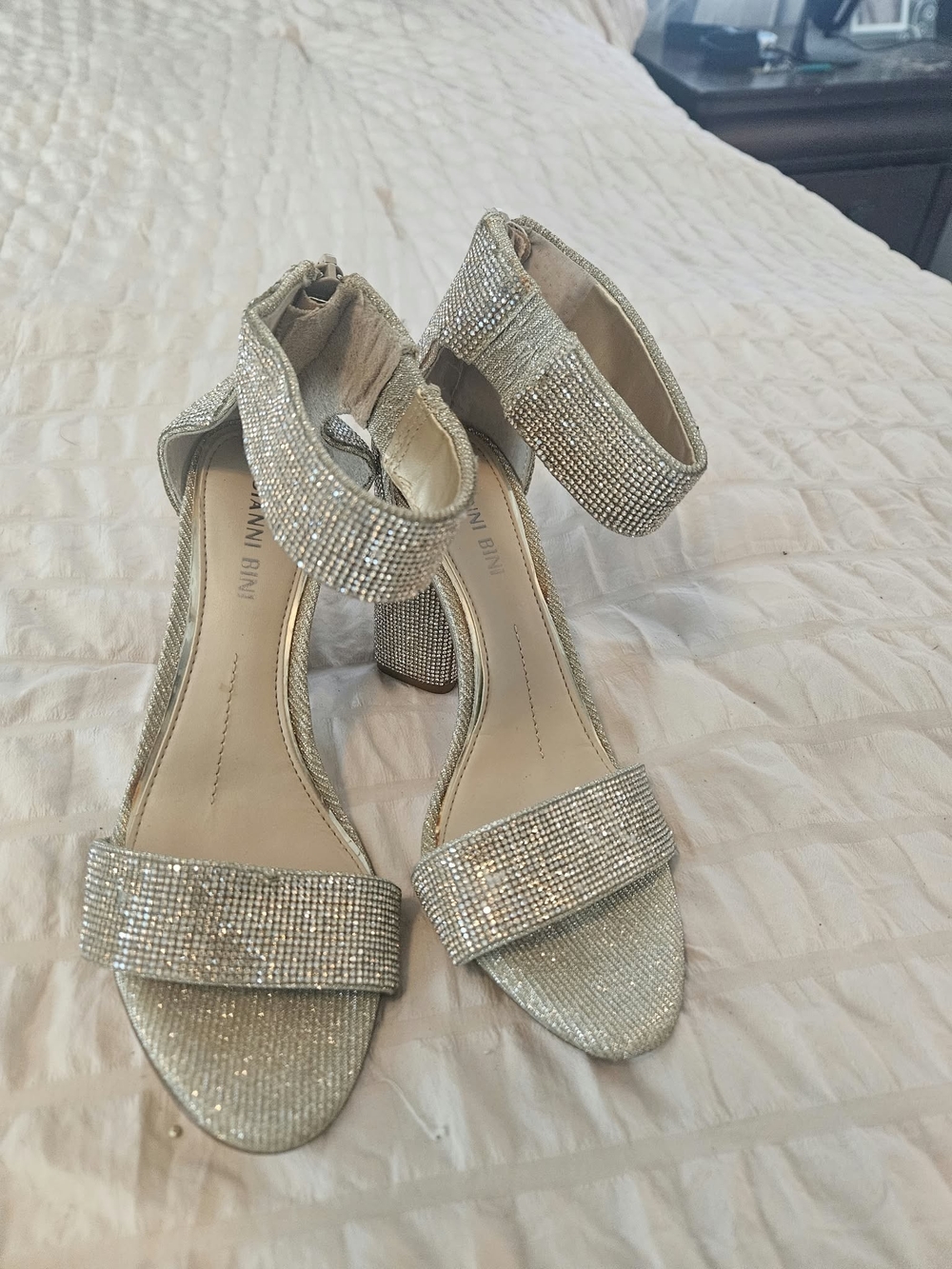 Gianni Bini Crystal-Embellished Silver Block Heel Sandals